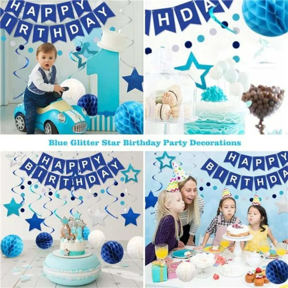 Blue Happy Birthday Party Decorations Set Banner Swirls Garland for Kids Adults